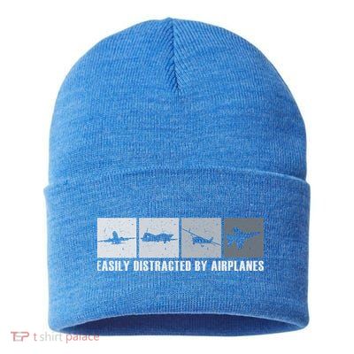 Easily Distracted By Airplanes Aviation Pilot Airplane Cool Gift Sustainable Knit Beanie