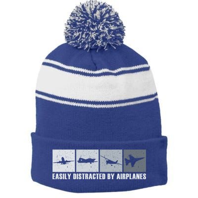 Easily Distracted By Airplanes Aviation Pilot Airplane Cool Gift Stripe Pom Pom Beanie