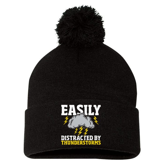 Easily Distracted By Thunderstorms Weather Meteorologist Pom Pom 12in Knit Beanie