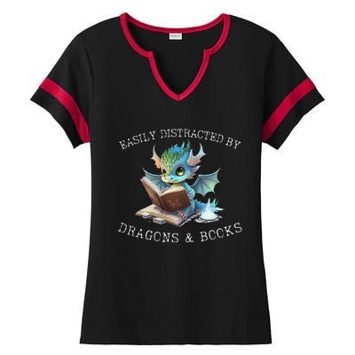 Easily Distracted By Dragons And Books Introvert Funny Ladies Halftime Notch Neck Tee