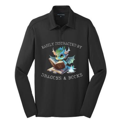 Easily Distracted By Dragons And Books Introvert Funny Silk Touch Performance Long Sleeve Polo