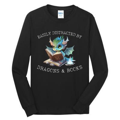 Easily Distracted By Dragons And Books Introvert Funny Tall Long Sleeve T-Shirt