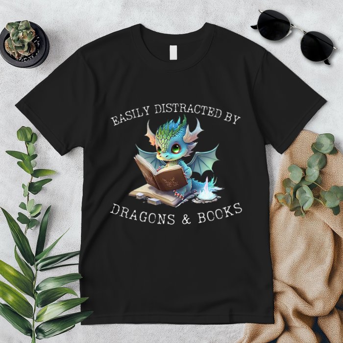 Easily Distracted By Dragons And Books Introvert Funny Premium T-Shirt