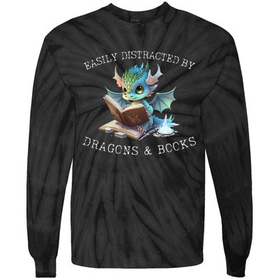 Easily Distracted By Dragons And Books Introvert Funny Tie-Dye Long Sleeve Shirt