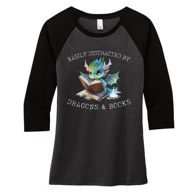 Easily Distracted By Dragons And Books Introvert Funny Women's Tri-Blend 3/4-Sleeve Raglan Shirt