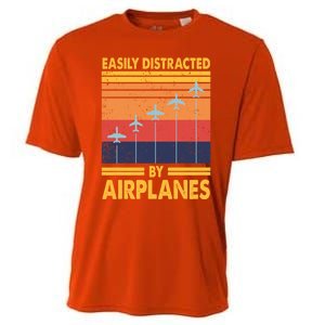 Easily Distracted By Airplanes Funny Pilot Airplane Lover Cute Gift Cooling Performance Crew T-Shirt