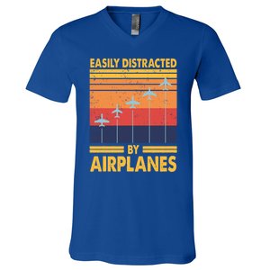 Easily Distracted By Airplanes Funny Pilot Airplane Lover Cute Gift V-Neck T-Shirt