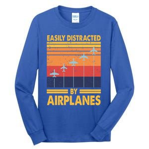 Easily Distracted By Airplanes Funny Pilot Airplane Lover Cute Gift Tall Long Sleeve T-Shirt