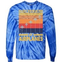 Easily Distracted By Airplanes Funny Pilot Airplane Lover Cute Gift Tie-Dye Long Sleeve Shirt