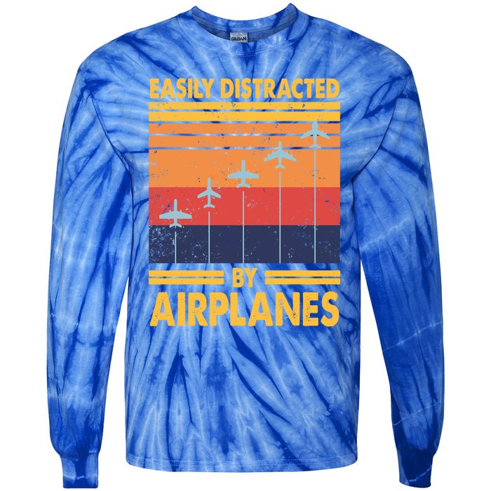 Easily Distracted By Airplanes Funny Pilot Airplane Lover Cute Gift Tie-Dye Long Sleeve Shirt