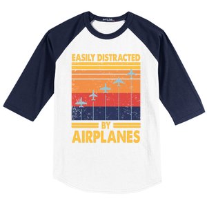 Easily Distracted By Airplanes Funny Pilot Airplane Lover Cute Gift Baseball Sleeve Shirt