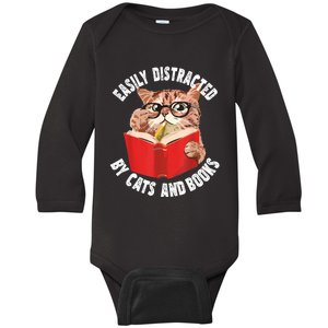 Easily Distracted By Cats And Books Funny Cat & Book Lover Baby Long Sleeve Bodysuit