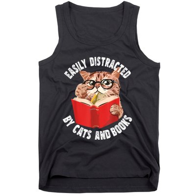 Easily Distracted By Cats And Books Funny Cat & Book Lover Tank Top