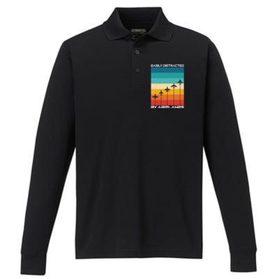 Easily Distracted By Planes Aircraft Pilot Planes Gift Performance Long Sleeve Polo