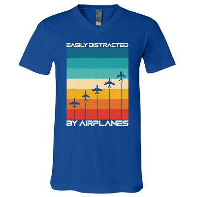 Easily Distracted By Planes Aircraft Pilot Planes Gift V-Neck T-Shirt