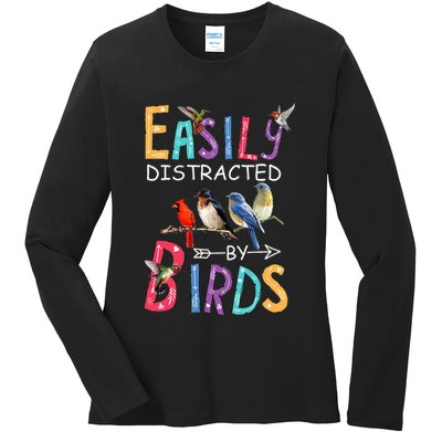 Easily Distracted By Birds Funny Bird Ladies Long Sleeve Shirt