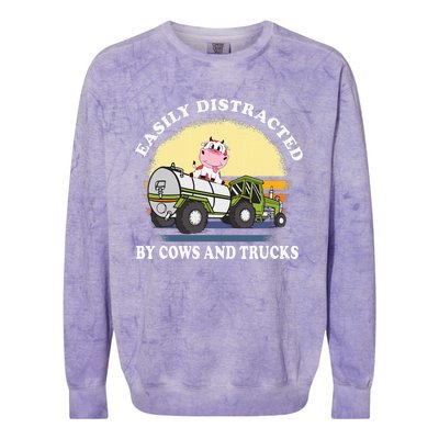 Easily Distracted By Cows And Trucks Funny Cow Farmers Colorblast Crewneck Sweatshirt