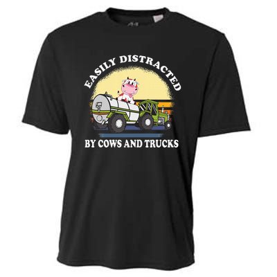 Easily Distracted By Cows And Trucks Funny Cow Farmers Cooling Performance Crew T-Shirt