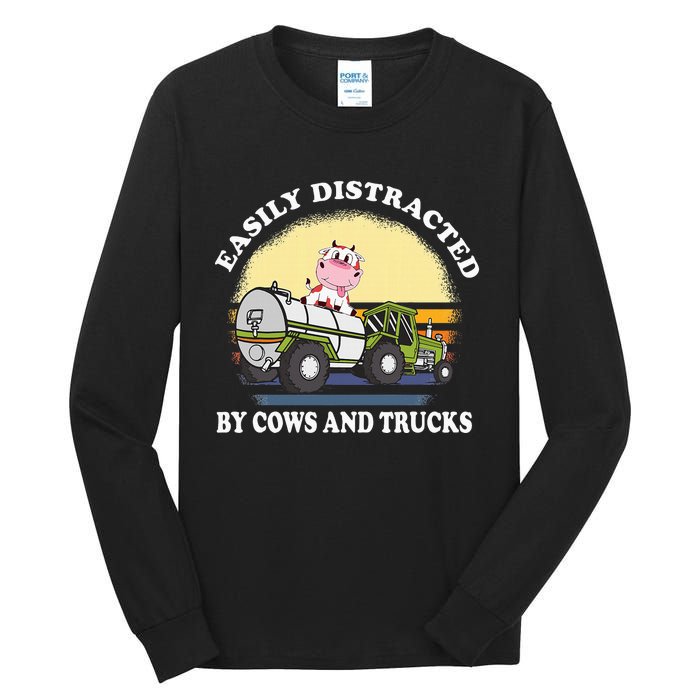 Easily Distracted By Cows And Trucks Funny Cow Farmers Tall Long Sleeve T-Shirt