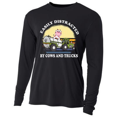 Easily Distracted By Cows And Trucks Funny Cow Farmers Cooling Performance Long Sleeve Crew