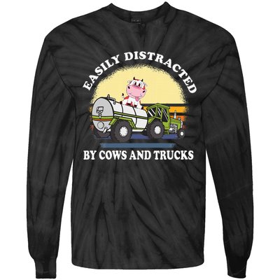 Easily Distracted By Cows And Trucks Funny Cow Farmers Tie-Dye Long Sleeve Shirt