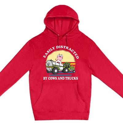 Easily Distracted By Cows And Trucks Funny Cow Farmers Premium Pullover Hoodie