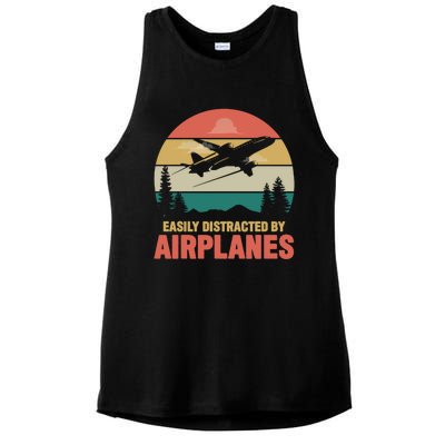 Easily Distracted By Airplanes Retro Airplane Funny Pilot Gift Ladies PosiCharge Tri-Blend Wicking Tank