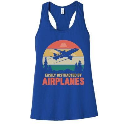 Easily Distracted By Airplanes Retro Airplane Funny Pilot Gift Women's Racerback Tank