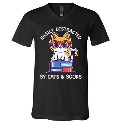 Easily Distracted By Cats And Books Cat & Book Lover Gift V-Neck T-Shirt