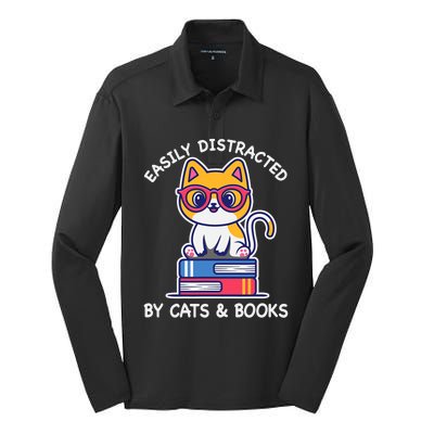 Easily Distracted By Cats And Books Cat & Book Lover Gift Silk Touch Performance Long Sleeve Polo