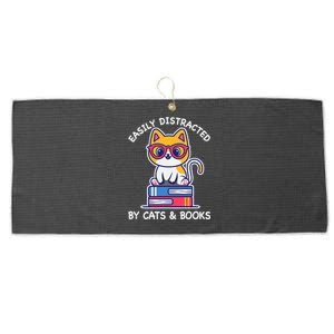 Easily Distracted By Cats And Books Cat & Book Lover Gift Large Microfiber Waffle Golf Towel