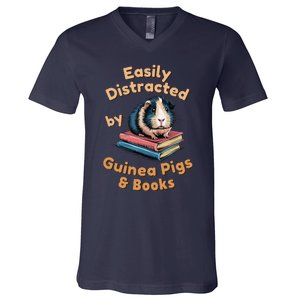 Easily Distracted By Guinea Pigs & Books Funny Guinea Pig V-Neck T-Shirt