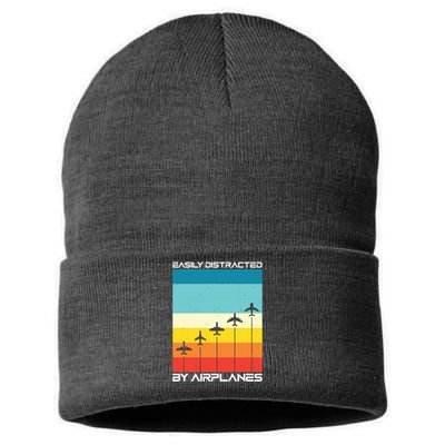 Easily Distracted By Airplanes Airplane Pilot Aircraft Sustainable Knit Beanie