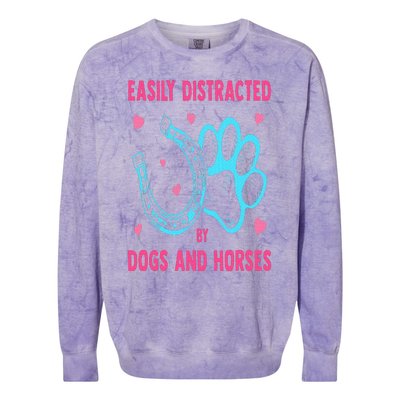 Easily Distracted By Dogs And Horses Funny Farm Animal Lover Colorblast Crewneck Sweatshirt