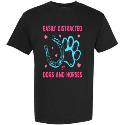 Easily Distracted By Dogs And Horses Funny Farm Animal Lover Garment-Dyed Heavyweight T-Shirt