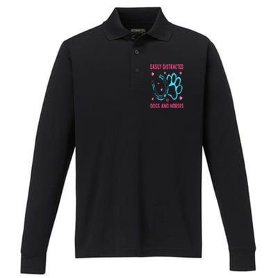 Easily Distracted By Dogs And Horses Funny Farm Animal Lover Performance Long Sleeve Polo