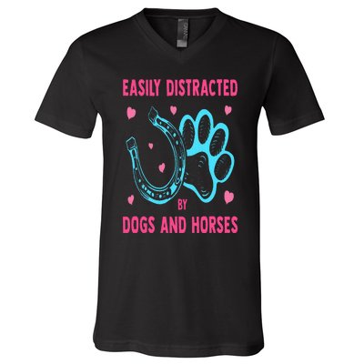 Easily Distracted By Dogs And Horses Funny Farm Animal Lover V-Neck T-Shirt