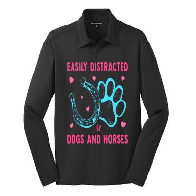 Easily Distracted By Dogs And Horses Funny Farm Animal Lover Silk Touch Performance Long Sleeve Polo