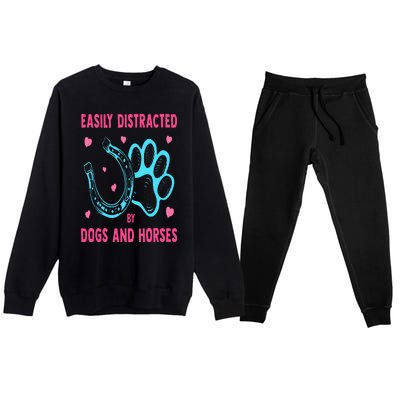 Easily Distracted By Dogs And Horses Funny Farm Animal Lover Premium Crewneck Sweatsuit Set