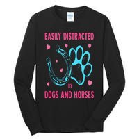 Easily Distracted By Dogs And Horses Funny Farm Animal Lover Tall Long Sleeve T-Shirt