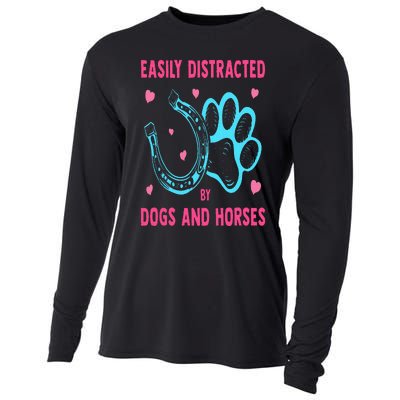 Easily Distracted By Dogs And Horses Funny Farm Animal Lover Cooling Performance Long Sleeve Crew