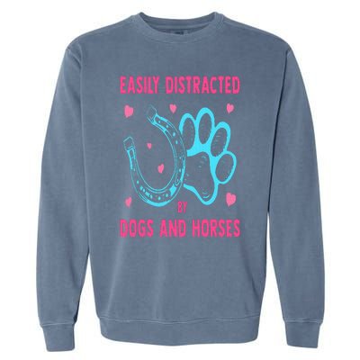 Easily Distracted By Dogs And Horses Funny Farm Animal Lover Garment-Dyed Sweatshirt