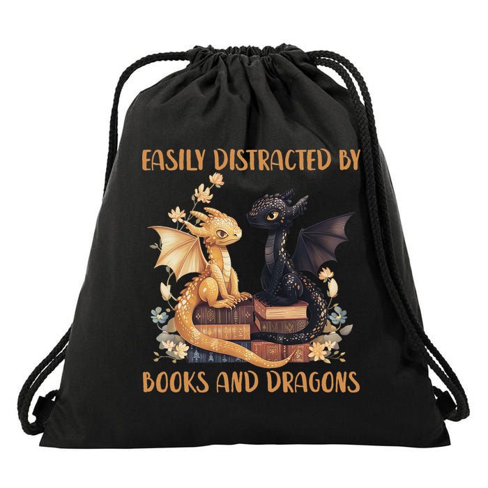Easily Distracted By Books & Dragons Librarian Book Lover  Drawstring Bag