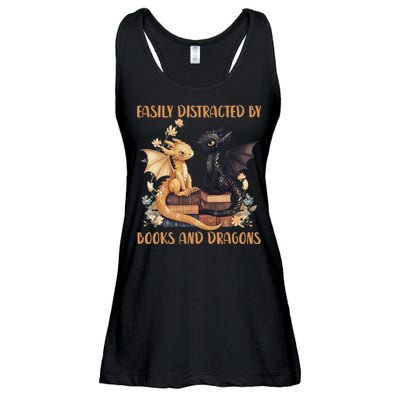 Easily Distracted By Books & Dragons Librarian Book Lover  Ladies Essential Flowy Tank