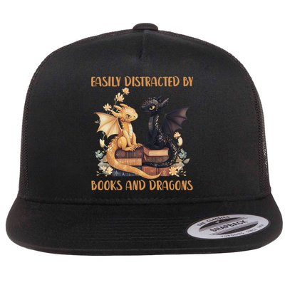 Easily Distracted By Books & Dragons Librarian Book Lover  Flat Bill Trucker Hat