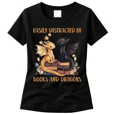 Easily Distracted By Books & Dragons Librarian Book Lover  Women's T-Shirt