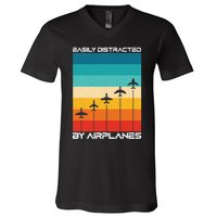 Easily Distracted By Airplanes, Airplane Pilot Aircraft V-Neck T-Shirt