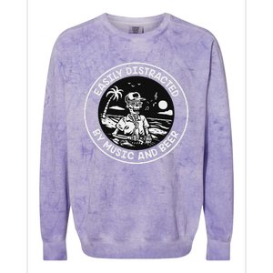 Easily Distracted By Music And Beer Skeleton Colorblast Crewneck Sweatshirt