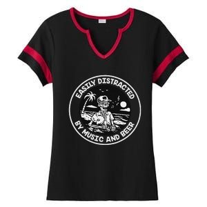 Easily Distracted By Music And Beer Skeleton Ladies Halftime Notch Neck Tee