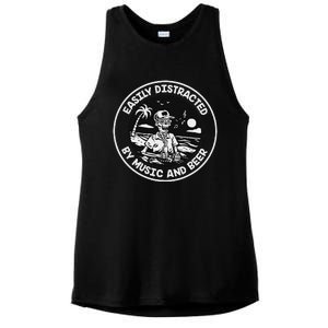 Easily Distracted By Music And Beer Skeleton Ladies PosiCharge Tri-Blend Wicking Tank